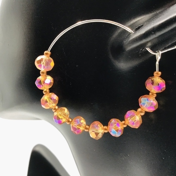 EARRINGS Hoop Boho Beads Rondelle Faceted Peach Copper Color Silver Tone Jewelry - Picture 3 of 8